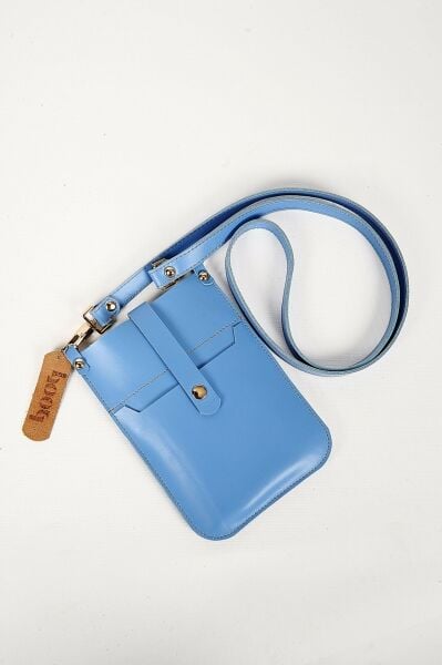 Deri El Yapımı Mavi Telefon Çantası