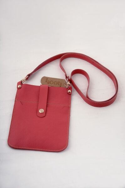 Deri El Yapımı Pembe Telefon Çantası