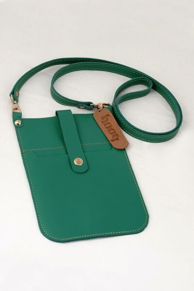 Deri El Yapımı Açık Yeşil Telefon Çantası